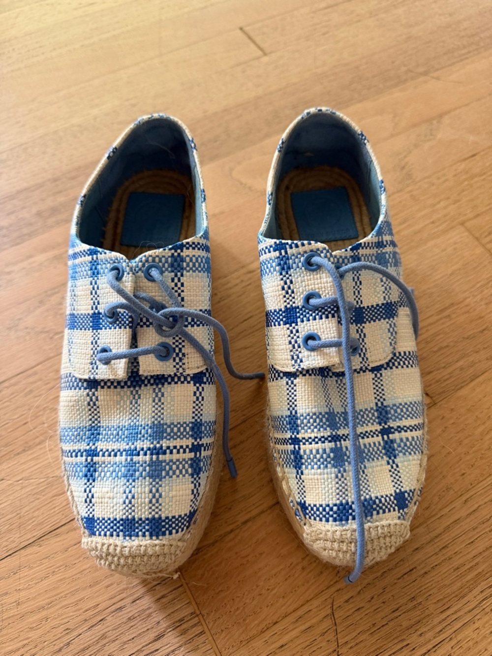 Tory Burch Blue and Cream Plaid Espadrille Sneakers